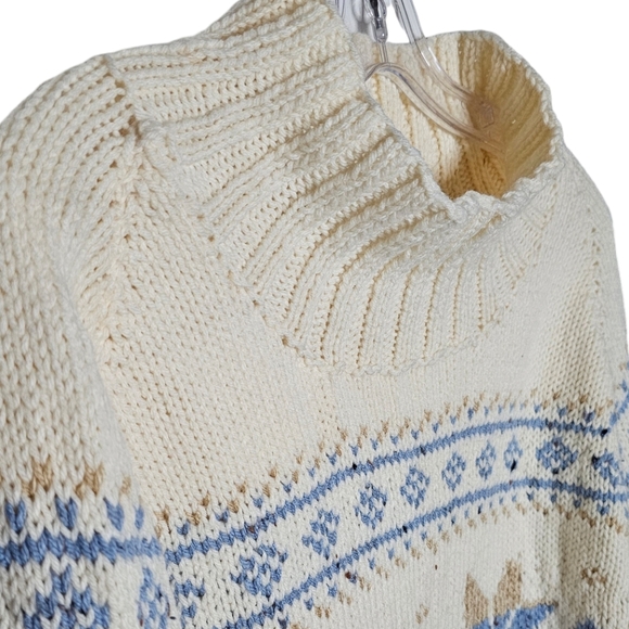 *** SOLD *** Handmade Cream Light Blue Nordic Mock Neck Sweater Snowflake Design - Picture 3 of 6